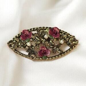 Floral Red Rose & Faux Pearl Gold Filigree Brooch Vintage Victorian Romance